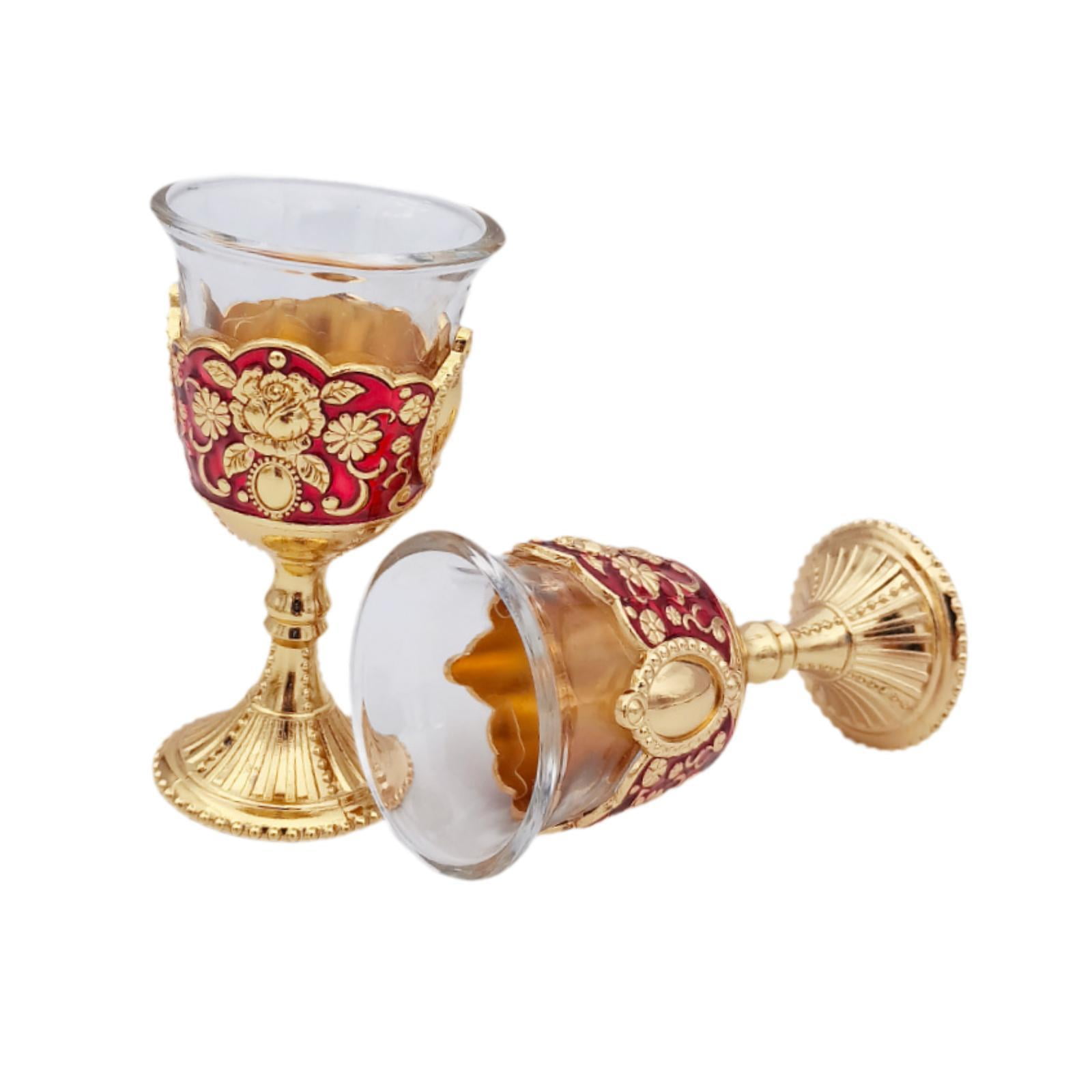 Magideal - 2 Uds Vintage Mini Copa De Comunión Vasos Decorativos Para Brindis Mini Copa Para Celebraciones Hogar Viaje Calentamiento De La Casa , Rojo Y Dorado