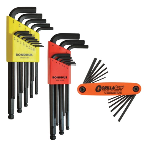 Bondhus 14130 Pack Triple, Juegos de Llaves L Balldriver #10937 (.050‑3/8 pulgada) y #10999 (1,5‑10 mm), y Set Plegable Hexagonal GorillaGrip #12550 (5/64‑5/32 pulgada y 1,5‑5 mm)