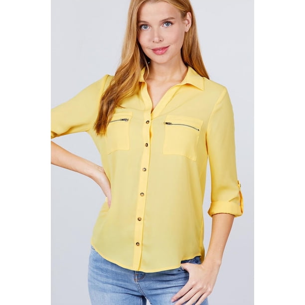 CCWHOLESALESCLOTHINGS por CCWHOLESALESCLOTHINGS Blusa Tejida con Bolsillo y Mangas Enrolladas 3/4, Talla Regular para Mujer