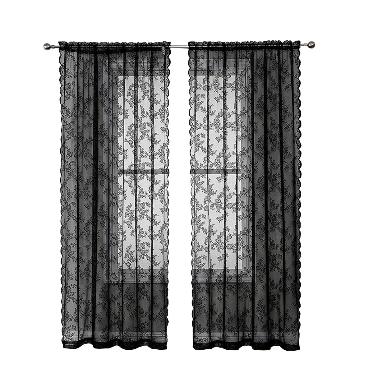 Xusx111 - Cortinas De Encaje Negro 2 Paneles, Patrón Floral Rústico Gótico Cortinas Transparentes Para El Dormitorio, Bolsillo De Barra Vintage Privacidad Transparente Cortina De Encaje,150 * 180cm 1