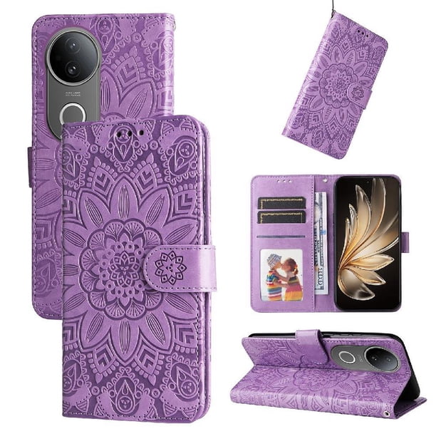 Funda tipo cartera FOXDOCK para Vivo S20 , diseño girasol en relieve, cuero PU, cierre magnético, soporte y tarjetero