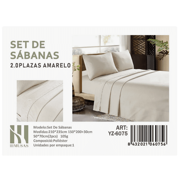 Set De Sabanas 2 Plazas Color Amarelo 200 Hilos + 2 Funda De Almohada