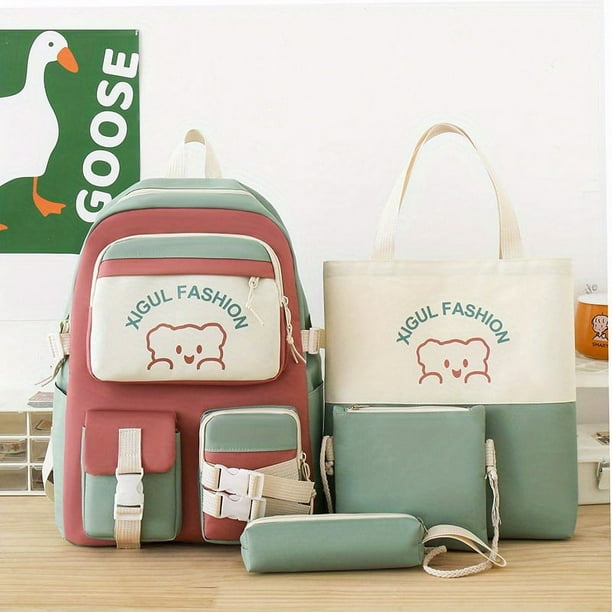 4pcs School Bags Set Kawaii Multi-pocket Backpack With Plush Rabbit Badges, Pencil Case, Handbag, Crossbody Bag For For Girls Boys Travel School Bag