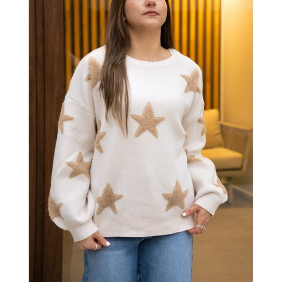 sweater polerón con estrellas beige - MM SHOP