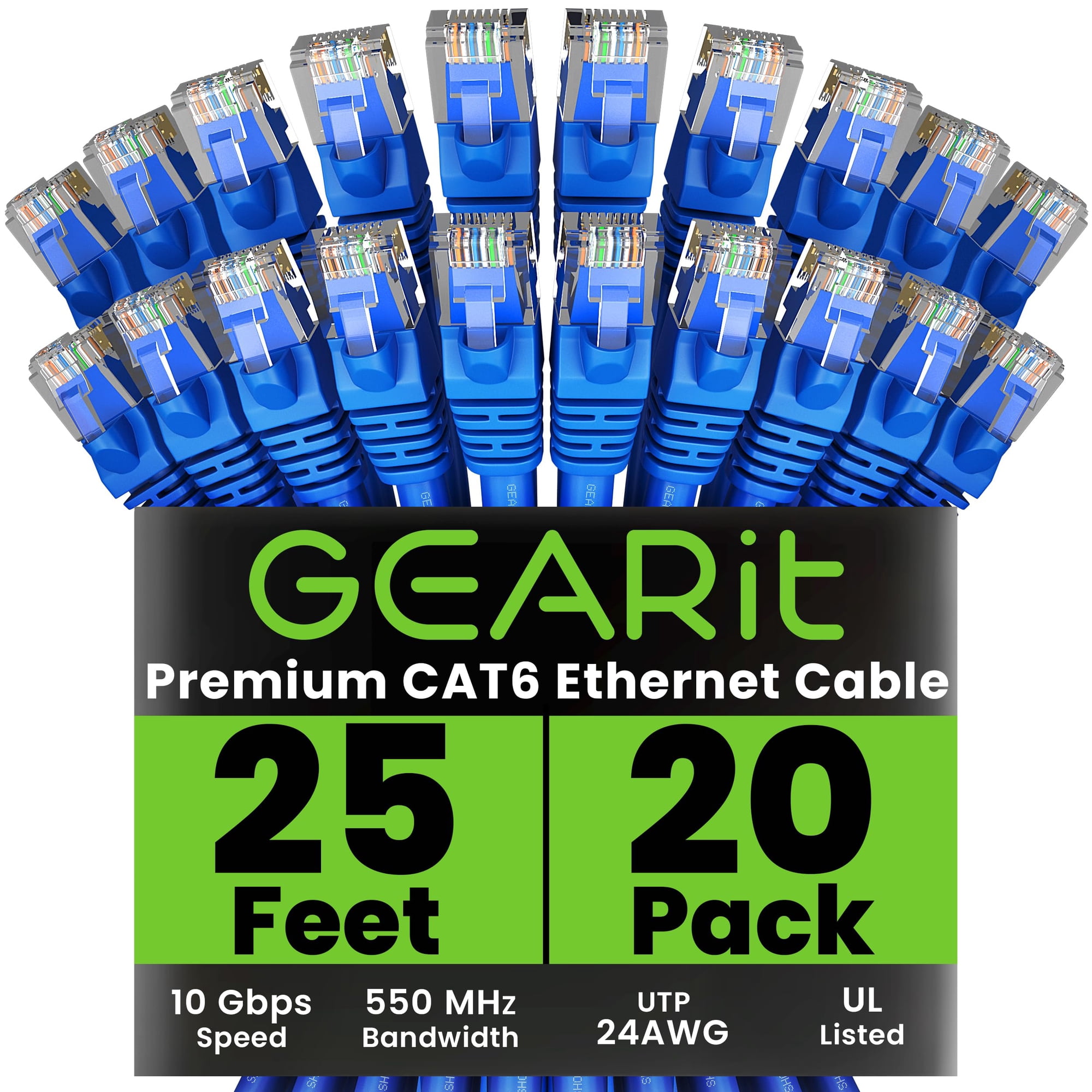Cable Ethernet Gearit Cat 6 De 25 Pies (7,6 M), Paquete De 20, Azul