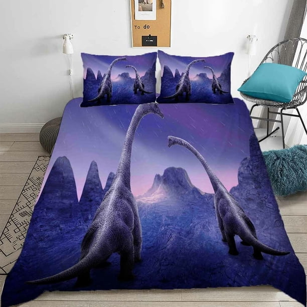 Purple Mountains And Dinosaurs Quilt Duvet Cover Set Pillow case Print3-Piece Bedding Set (1 Duvet Cover + 2 Pillow Shams)
