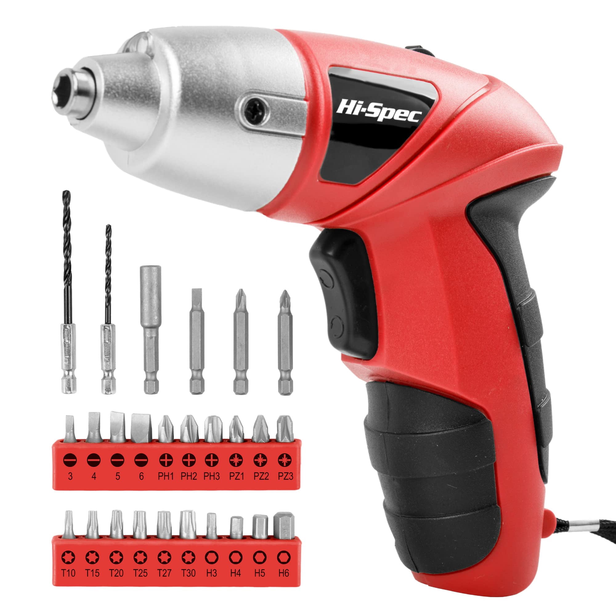 Destornillador Eléctrico Hi-spec, 3,6 V, 27 Piezas Con Juego De Brocas, Rojo