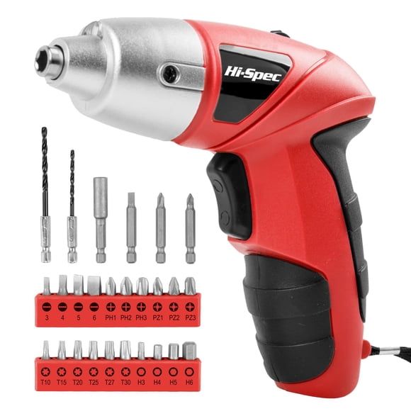 Destornillador eléctrico Hi-Spec, 3,6 V, 27 piezas con juego de brocas, rojo