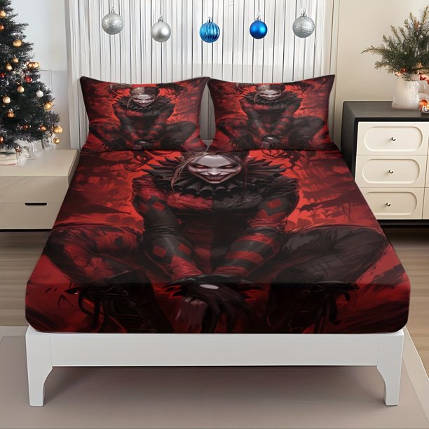 Fitted Sheet Set featuring in a Dark Knight-themed design with her iconic evil smile and red-black color scheme includes 1 fitted