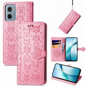 Funda Cartera Foxdock Para Motorola Moto E15 , Flip Pu Con Relieve De Gatos Y Perros, Tarjetero Y Soporte