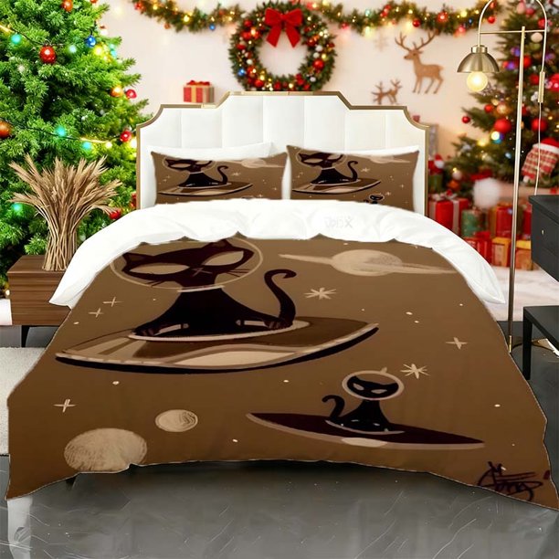 Set Flying Saucer Black Cat UFO Black Cat Printed Duvet Cover Set Bedding Set Duvet Cover And Pillowcases Soft And Comfortable Very Suitable for Home Bedroom Gu