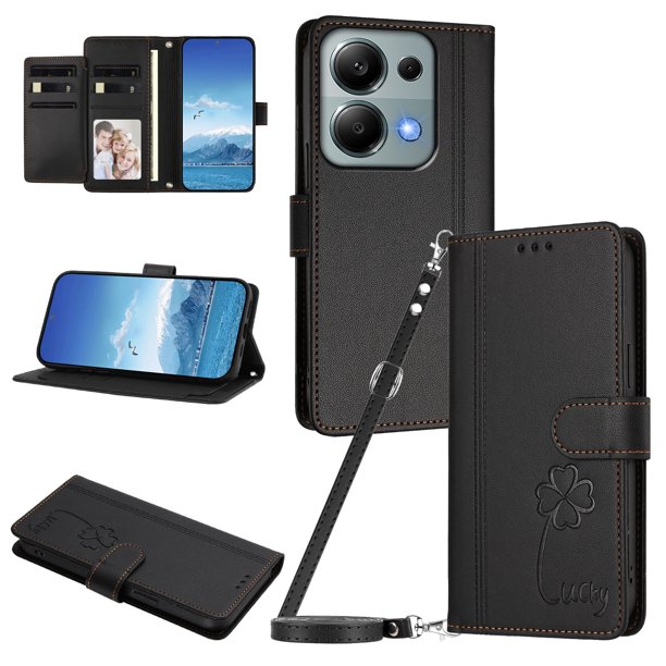 Funda Cartera Trébol para Xiaomi Redmi Note 13 Pro 4G con Ranuras Tarjetas y Carga Inalámbrica Negro