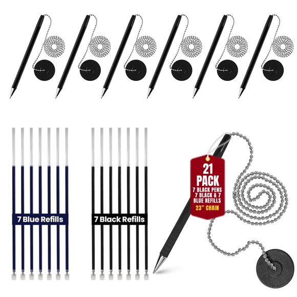 Set de 21 bolígrafos Uwaomah 23" con cadena, negro y azul