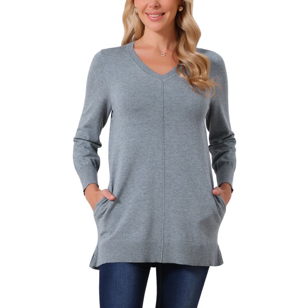 INSPIRE CHIC Suéter de Mujer para Otoño Invierno Cuello en V Manga Larga Suéter Oversize con Bolsillos Suelto Grueso Túnica Jersey Talla L Gris