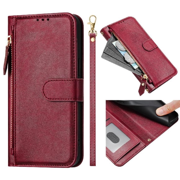 Funda Tipo Billetera para ZTE Blade V60 Design con Cremallera Portatarjetas Soporte Correa de Muñeca Cuero Rojo