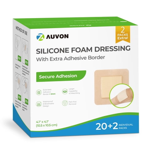 Vendaje Para Heridas Auvon, Espuma De Silicona, 10 X 10 Cm, 22 Paquetes