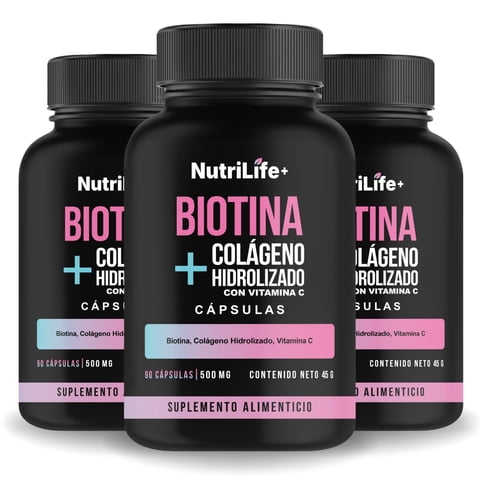 Pack 3 Biotina + Colágeno Hidrolizado 270 Capsulas Nutrilife+ Sin Sabor