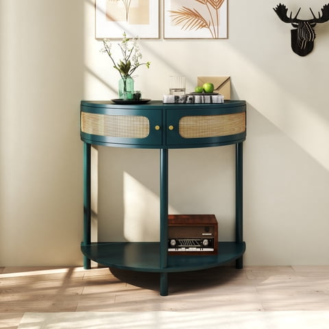 M&Ms - Unique Half Moon Design End Table With Sliding Rattan Door,Elegant Semi-Circle Entryway Console Table With 2 Rattan Storage Cabinet And Bottom Shelf For Living Room, Bedroom, Study, Hallway(Green)