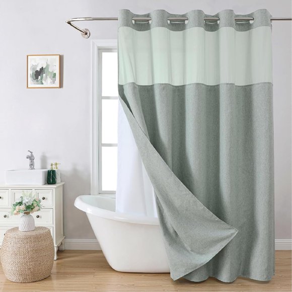 Eachope Cortina de ducha de tela sin ganchos con forro desmontable a presión, 71 x 74 pulgadas