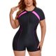 thumbnail image 1 of Agnes Orinda Traje de baño de una pieza para mujer de talla grande, traje de surf con pantalón corto, manga corta, media cremallera, traje de baño para vacaciones en la playa, 4X negro fucsia, 1 of 9