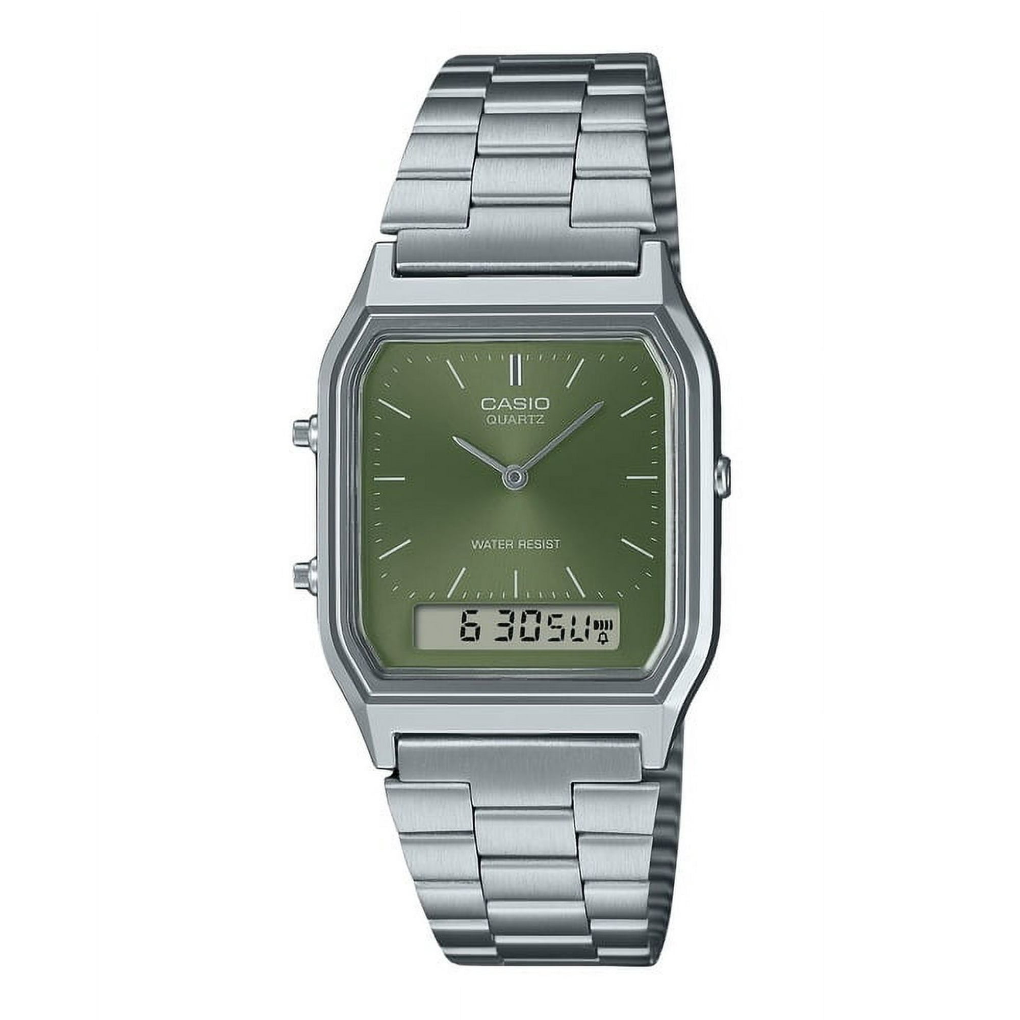 Reloj Casio Vintage, Analógico Digital, Esfera Verde, Doble Hora, Cuarzo, Modelo Aq-230a-3amqy, Unisex