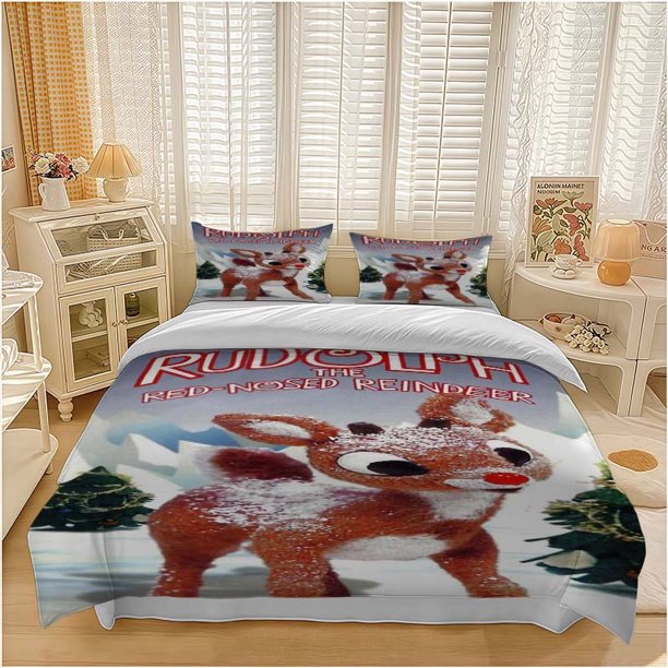3pcs Rudolph the Red Nose Christmas Poster Pattern Set Soft and Comfortable Bedding Set Suitable for All Seasons