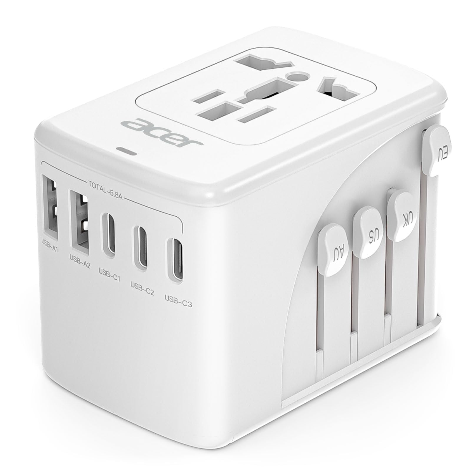 Adaptador De Enchufe De Viaje Acer Universal Con 5 Puertos Usb 5,8 A, Color Blanco