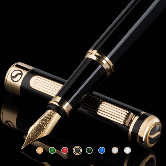 Pluma estilográfica Scriveiner lacada negra con acabado dorado de 24 quilates
