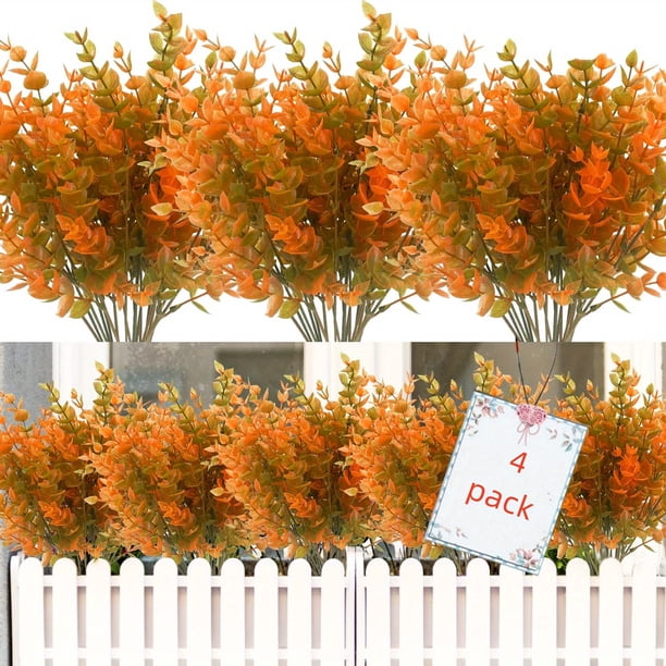 4pcs, UV Resistant Fall Artificial Flowers - Eucalyptus Greenery Shrubs for Indoor/Outdoor Decor - Perfect for Thanksgiving, Halloween, and Autumn - Fireplace and Garden Decor