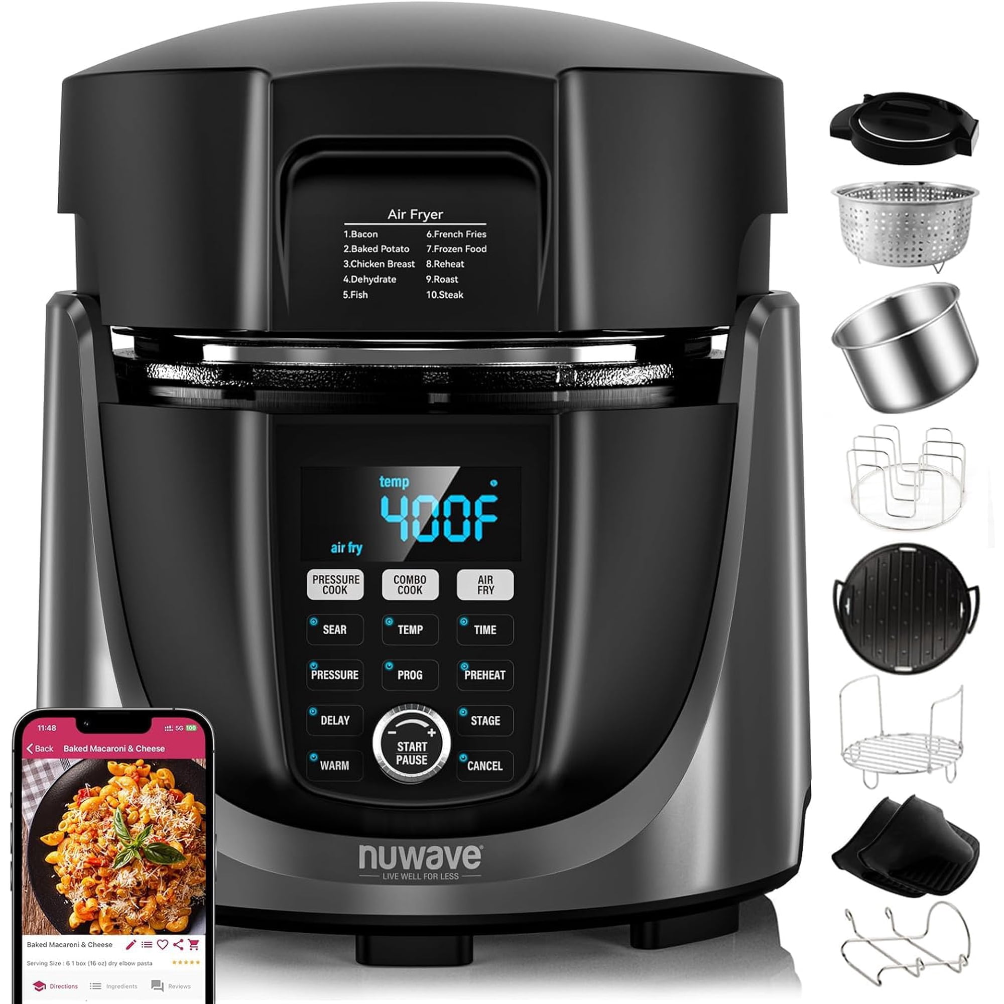 Freidora De Aire Nuwave Duet, Olla A Presión Eléctrica Y Parrilla Combinadas, Multicocina 540 En 1 Con 2 Tapas Extraíbles, Cocción Lenta, Sellado, Salteado, Olla De Acero Inoxidable 18/10, Tecnología