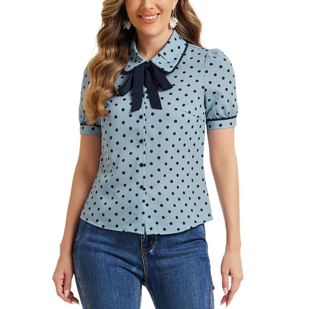 INSPIRE CHIC Blusa de Lunares para Mujer con Cuello Peter Pan, Lazo en el Cuello, Manga Abullonada, Estilo Vintage, Azul Claro M