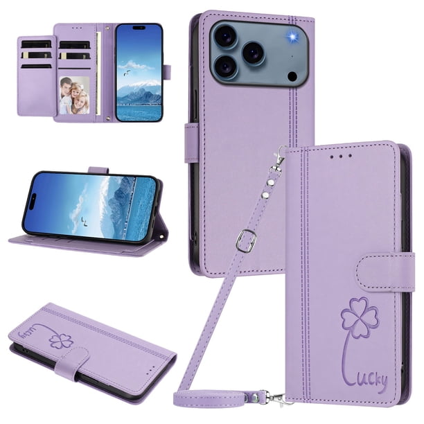 Funda Cartera Trébol para iPhone 17 Pro con Ranuras Tarjetas y Carga Inalámbrica Morado claro