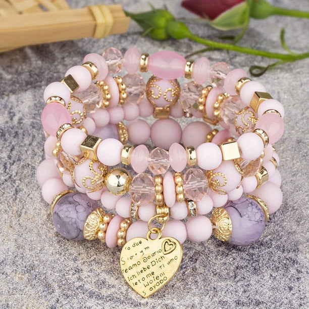 Heart Charm Beads Layered Bracelet Set Pompomia Bracelet Charm Vintage Jewelry Valentine's Day Gift