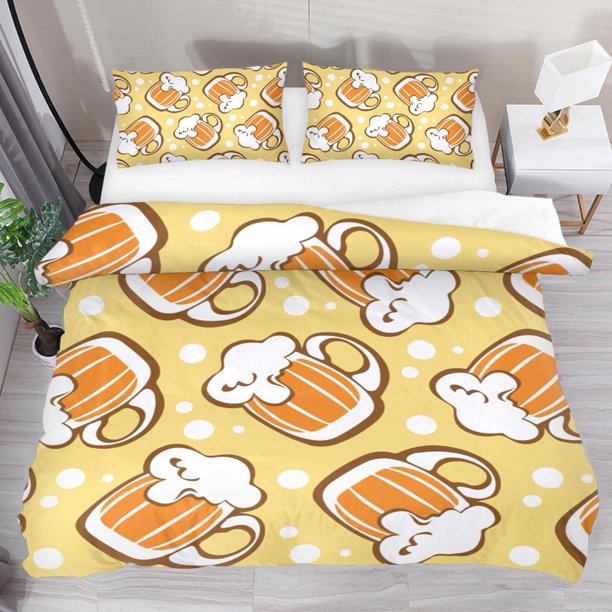 v1332 Bed Sheets Beer Duvet Cover Set Two Beer Mugs White Foam Bedding Set pcs for Kids Golden Drinks Comforter Cover Soft Polyester Quilt Cover 3-Piece Bedding Set (1 Duvet Cover + 2 Pillow Shams) Be