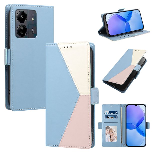 Funda Cartera para Xiaomi Redmi 13C con Cierre Magnético, Tricolor, Azul Claro