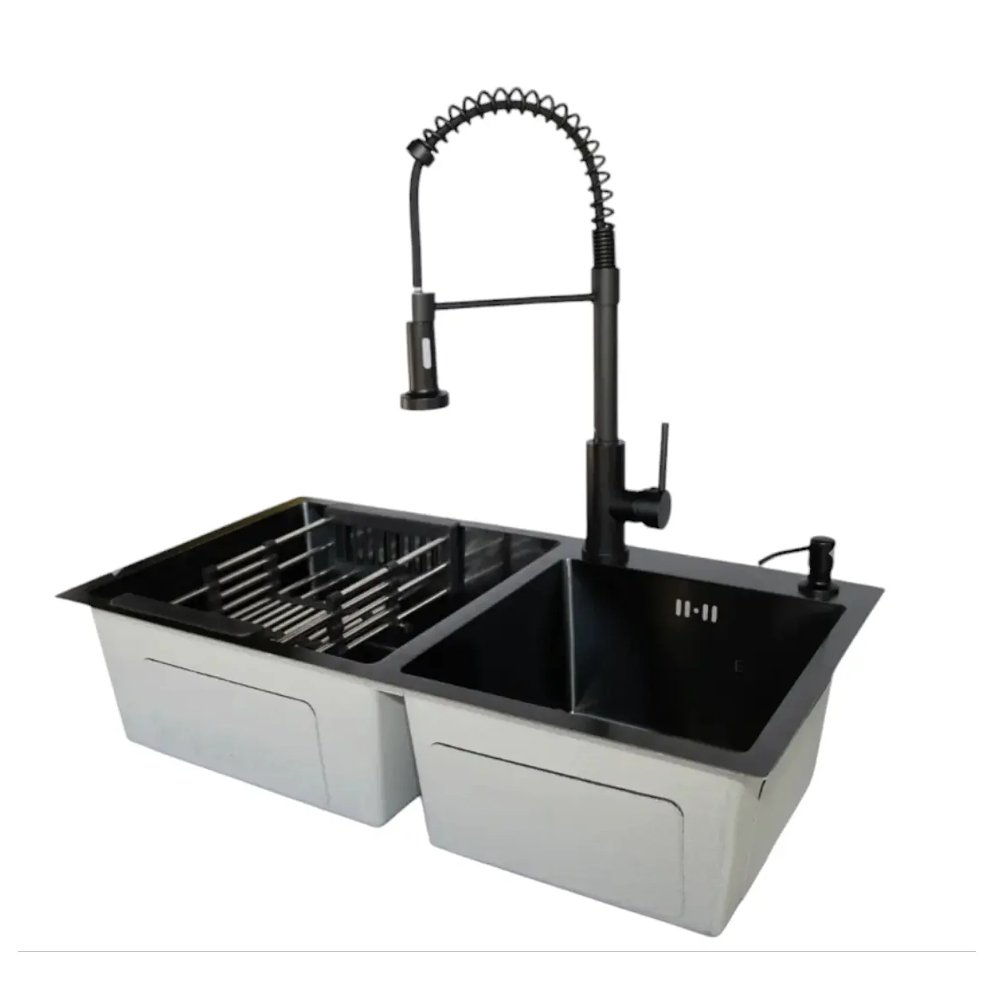 Modern Space - Lavaplatos 68x38 Cm Deluxe De Acero Inoxidable Para Empotrar Espesor 2mm Color Negro Con Rejilla, Dispensador De Jabon Y Grifería Industrial