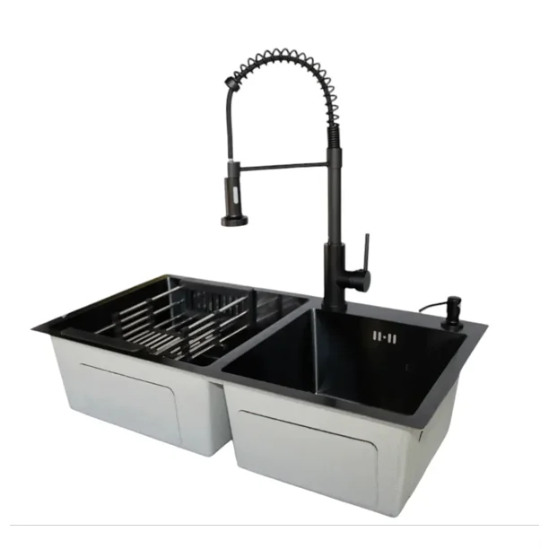 Lavaplatos 68x38 cm Deluxe de Acero Inoxidable para Empotrar Espesor 2mm Color Negro con Rejilla, Dispensador de Jabon y Grifería Industrial