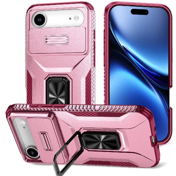Funda Armada para iPhone 17 Air con Tapa Deslizante y Soporte Magnético Giratorio Rosa
