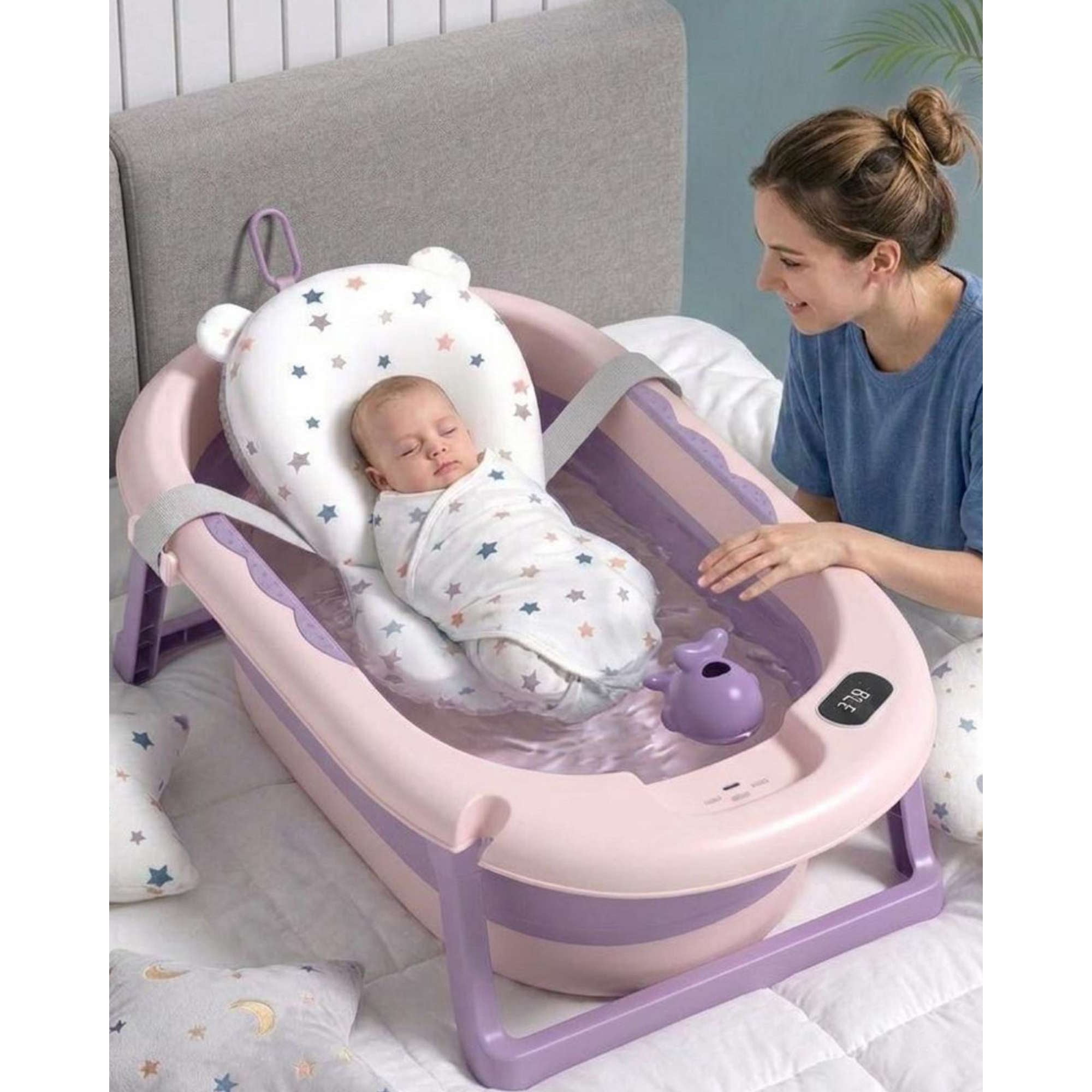 Imac Hogar - Bañera Plegable Lila Ergonómica Para Bebé Con Cojín De Seguridad Y Termómetro Digital