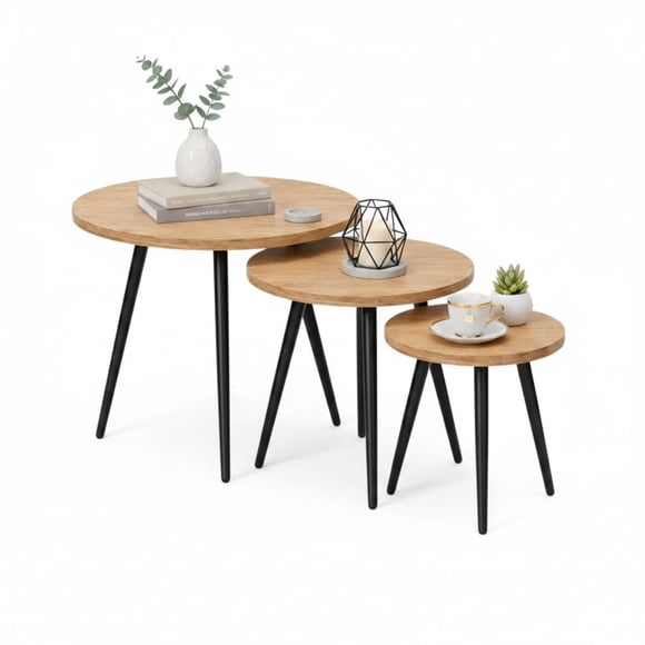 Set Mesas Nido Decodreams 3 Piezas Natural Patas Negras para Living