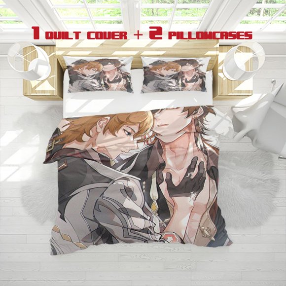 3pcs Zhongli And Tartaglia Anime Character Print Bedding Set with a Soft Duvet Cover And Two Pillowcases Perfect for All Seasons