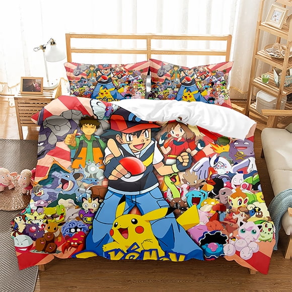 Pok-mon Pika-chu 3 Pcs Comforter Set with 2 Pillowcases,Pokmo-n Pikach-u Bedding Set Sheet Set for Kids Adults,All Season Lightweight Bedding Set for Bedroom Bed Dorm Decor Bed She