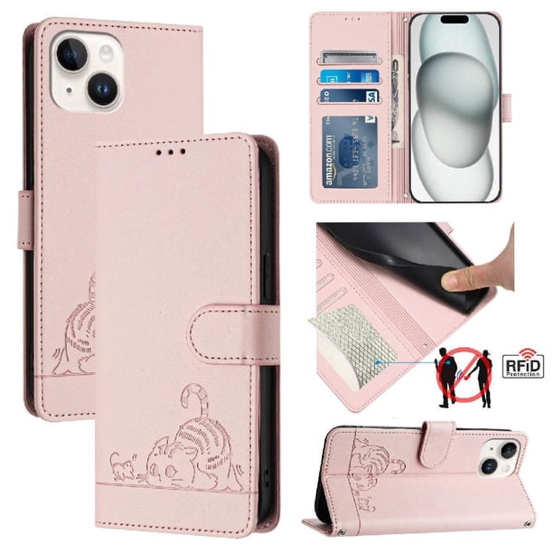 Funda tipo cartera FOXDOCK para iPhone 13 mini con soporte, ranuras, RFID, diseño de gato