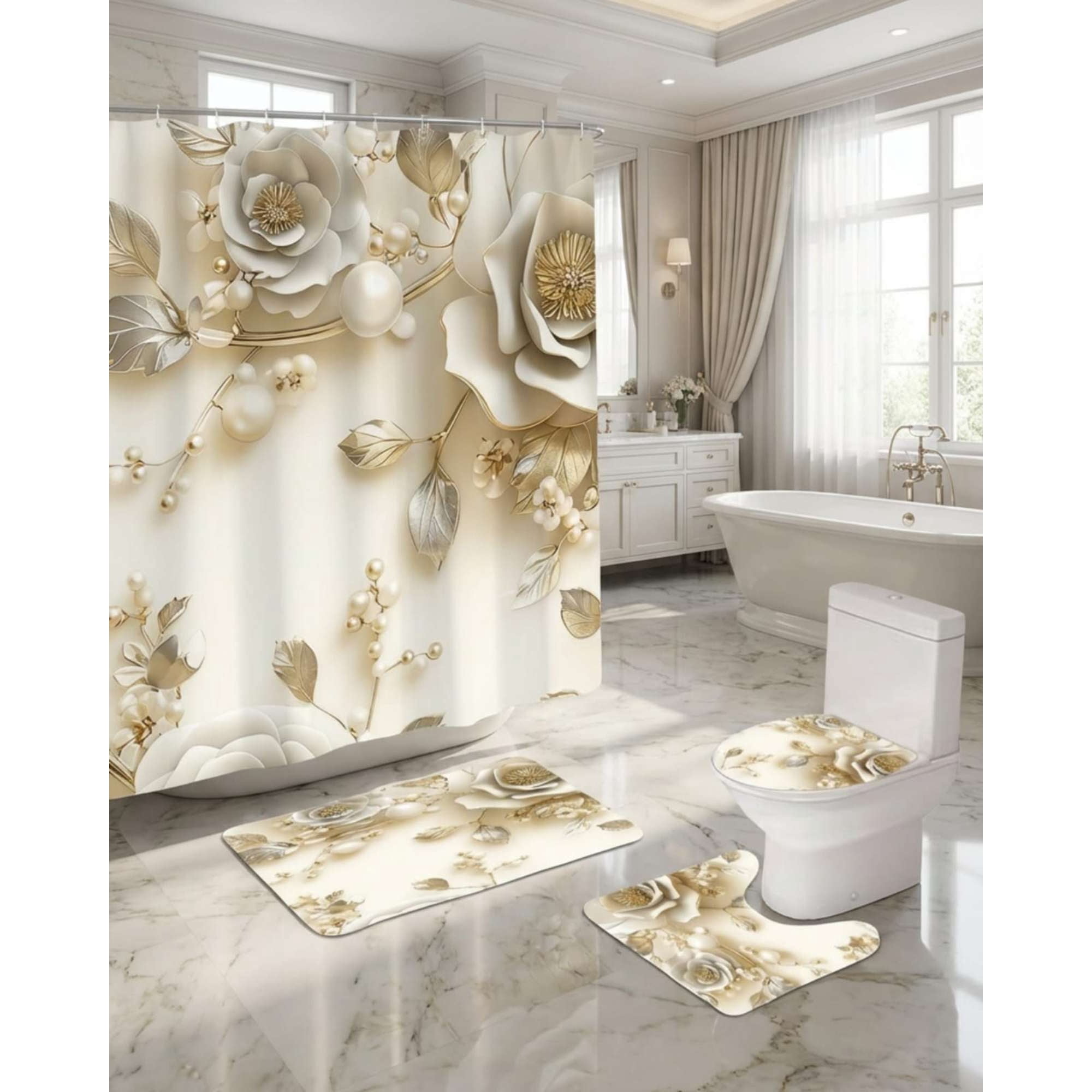 Mylhogar - Set De Baño 5 Piezas Cortina Mas Alfombras Mas Forro De Ducha