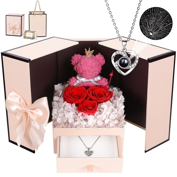Collar preservado con forma de oso musgo rosa con texto «I Love You», caja de regalo
