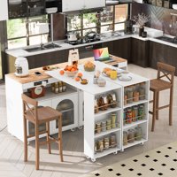 M&Ms - K&K Rolling Kitchen Island With Extended Table, Kitchen Island On Wheels With Led Lights,Power Outlets And 2 Fluted Glass Doors, Kitchen Island With A Storage Compartment And Side 3 Open Shelves,White