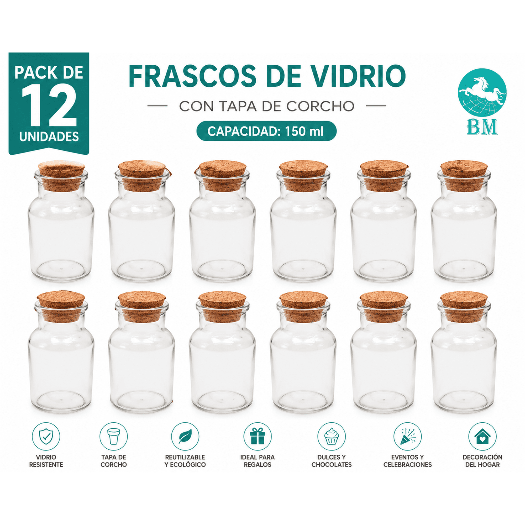 Baima - Frascos De Vidrio 150ml Pack 12 Con Tapa Corcho Botellas Decorativas Dulces Regalos Bm