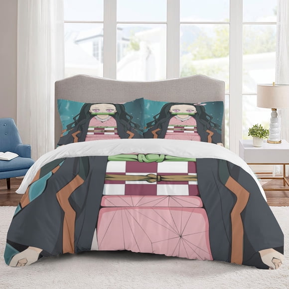 nezuko Bedding Sets Cartoon Duvet Cover Lightweight 3 Piece Bet Sets for Kids Boys Girls