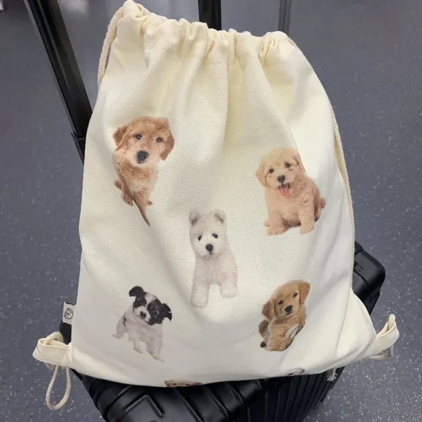 Retro Puppy Printed Canvas Backpack Casual Women Fashion School Gym Drawstring Bag String Knapsack School Back Pack Storage Bags