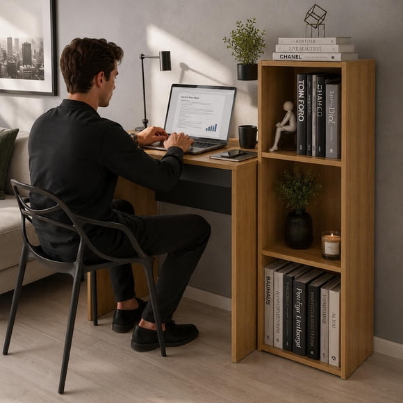 Escritorio Home Office con Biblioteca Lateral Mel Negro